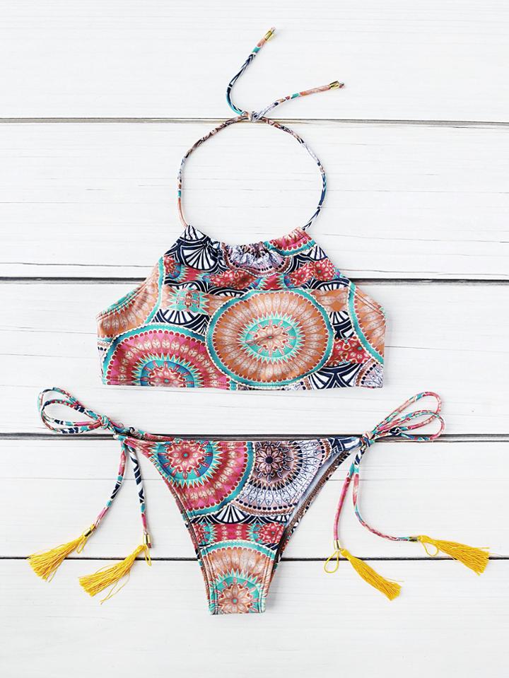 Romwe Halter Lace Up Tassel Tribal Print Swimwear