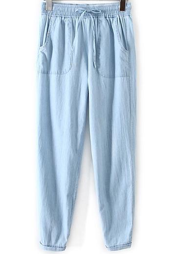 Romwe Blue Drawstring Waist Pockets Denim Pant