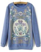 Romwe Vintage Floral Print Loose Blue Sweatshirt