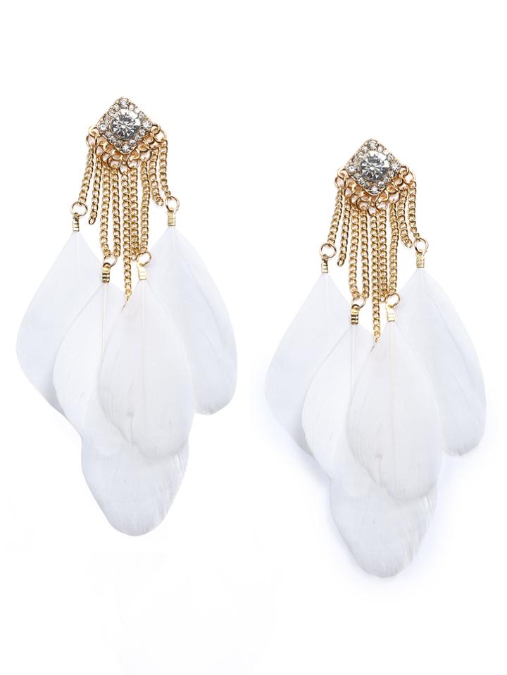 Romwe White Feather Fringe Rhinestone Drop Earrings