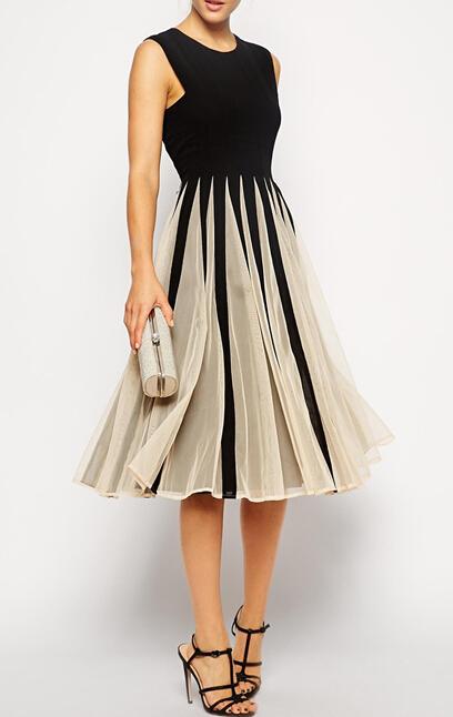 Romwe Color-block Sleeveless With Mesh Pleated Dress