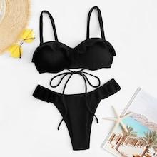 Romwe Ruffle Trim Thin Strap Top With Cheeky Bikini Set