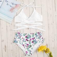 Romwe Criss-cross Surplice Halter Top With Floral Print Bikini
