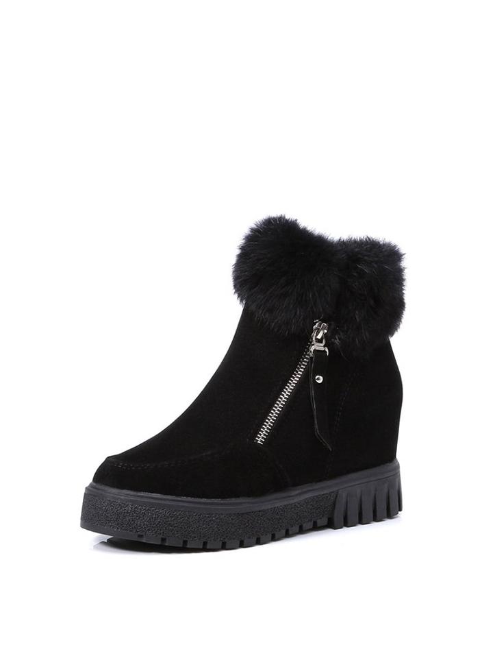 Romwe Side Zip Faux Fur Cuff Wedge Boots