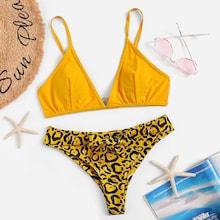 Romwe Random Leopard Deep V Neck Top With Bikini Set