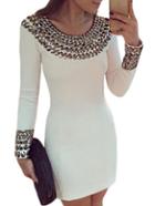 Romwe White Long Sleeve Bodycon Dress With Rhinestone