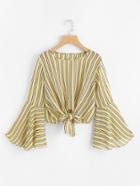 Romwe Fluted Sleeve Striped Knot Front Top
