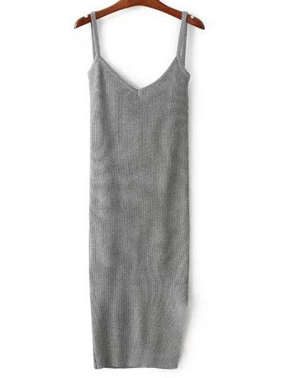 Romwe Grey V Neck Side Slit Ribbed Knit Cami Dress