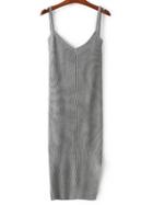 Romwe Grey V Neck Side Slit Ribbed Knit Cami Dress