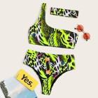 Romwe Neon Lime Random Graphic One Shoulder Bikini With Choker