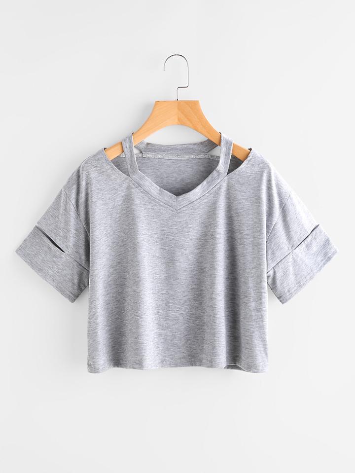 Romwe Cut Out V Neckline Slub Tee