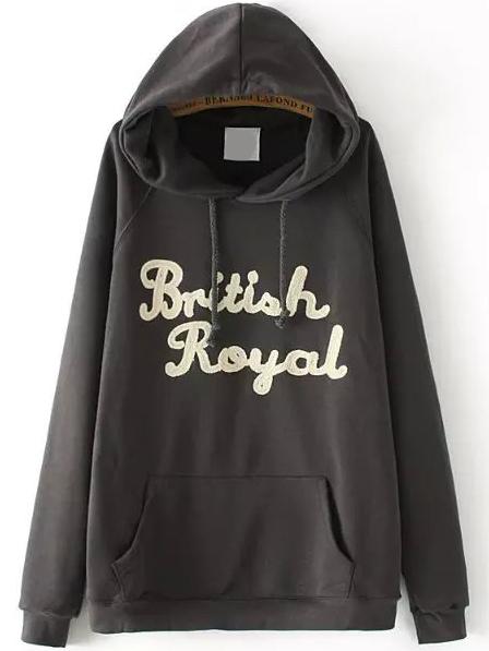 Romwe Hooded Flocked Embroidered Black Sweatshirt