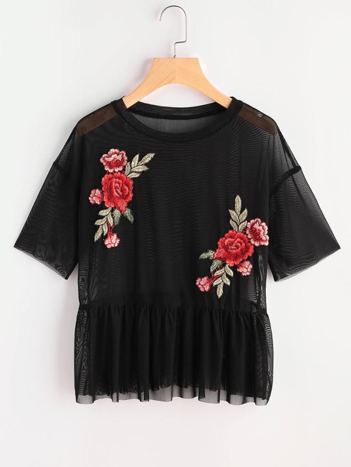 Romwe Drop Shoulder Flower Patch Tulle Peplum Top