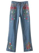 Romwe Blue Embroidery Zipper Jeans