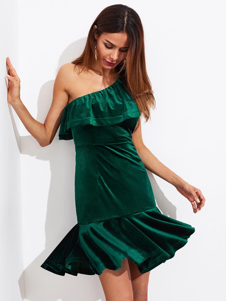Romwe Flounce One Shoulder Velvet Drop Waist Dress