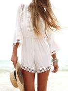 Romwe White V Neck Hollow Jumpsuit