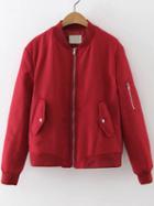 Romwe Red Quilted Flight Jacket With Zipper