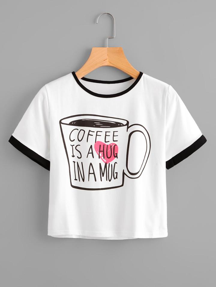 Romwe Coffee Print Ringer Tee