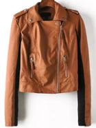 Romwe Lapel Contrast Sleeve Zipper Brown Jacket