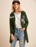 Romwe Green Flocked Patch Zipper Coat
