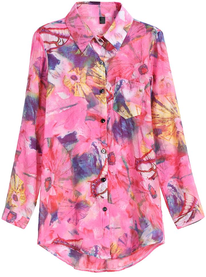 Romwe Lotus Print Loose Pink Blouse