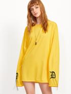 Romwe Yellow Letter Print Embroidered Drop Shoulder Shift Dress