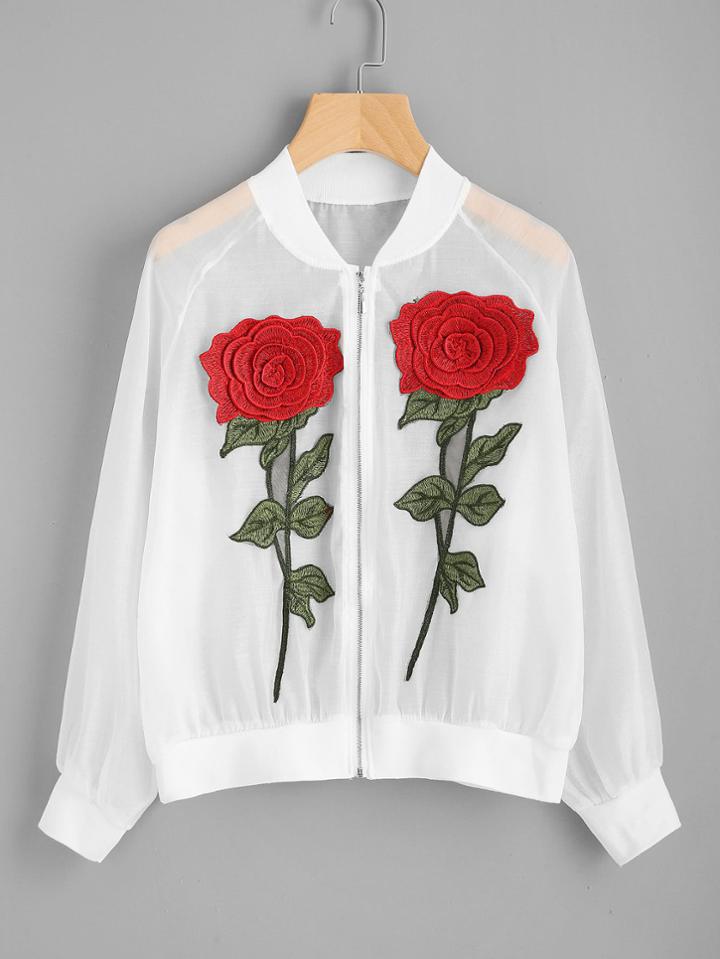 Romwe See-through Embroidered Appliques Ribbed Trim Jacket