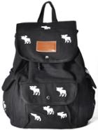 Romwe Deer Embroidered Drawstring Black Backpack