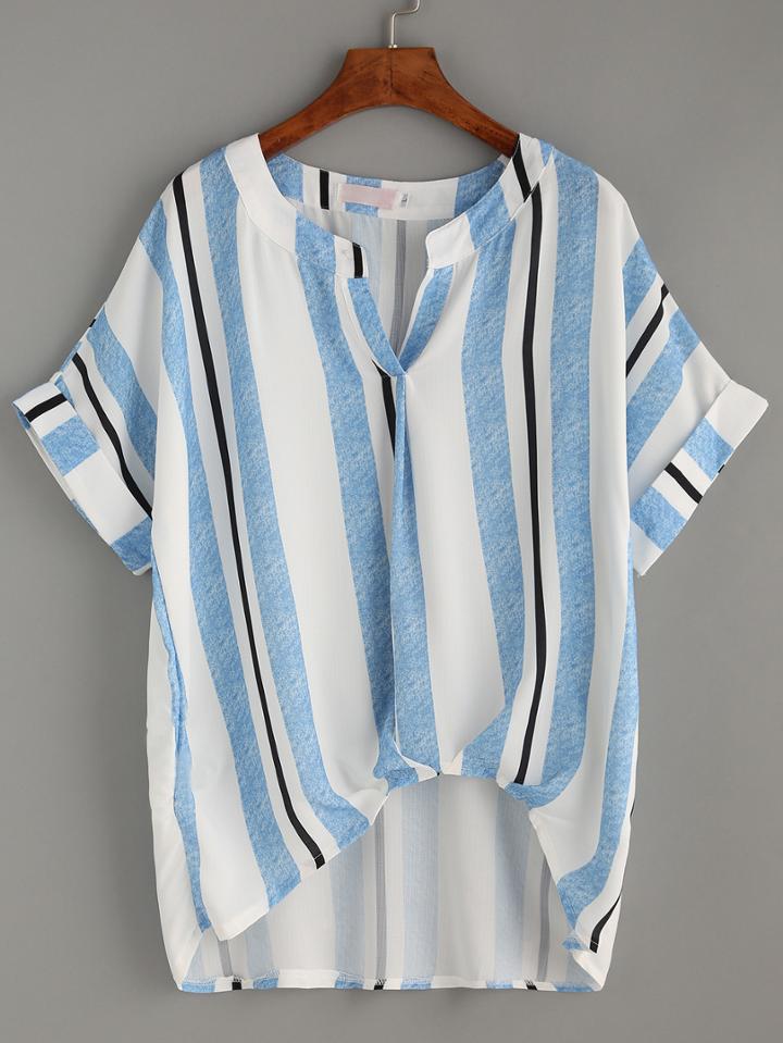 Romwe Blue Striped Notch Neck Cuffed Sleeve Dip Hem Blouse