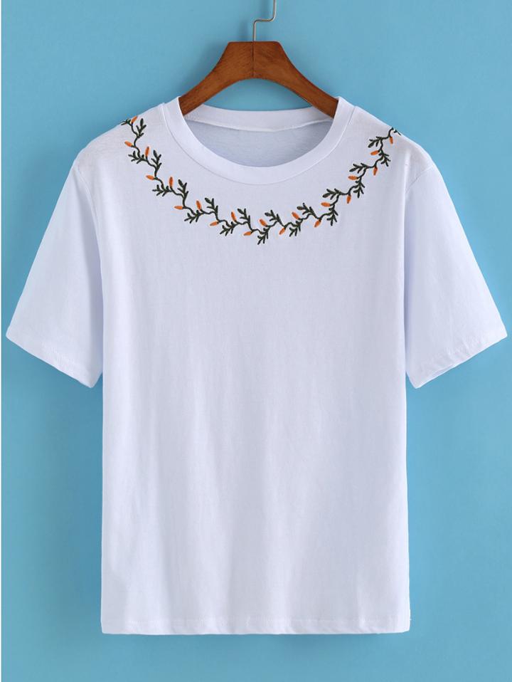 Romwe Round Neck Embroidered T-shirt