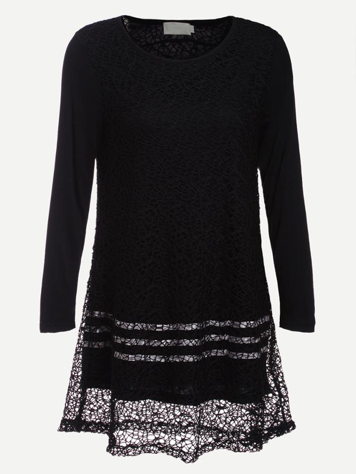 Romwe Black Lace Overlay A Line Dress