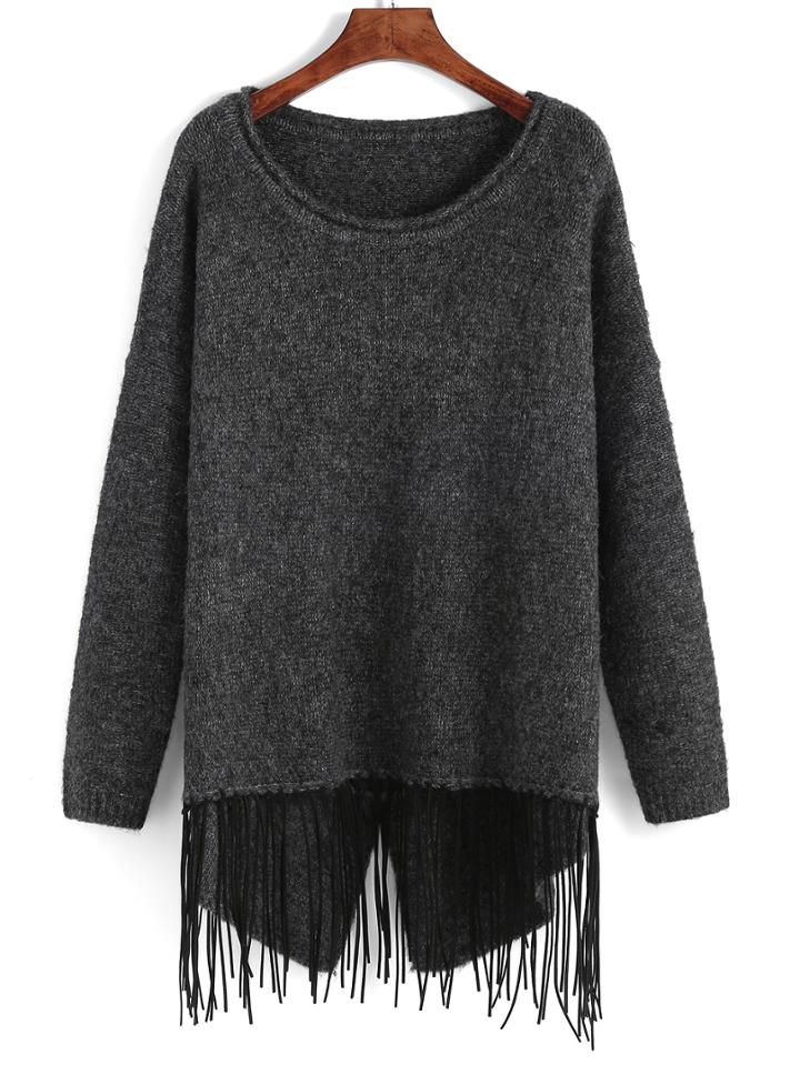 Romwe Round Neck Tassel Slit Long Sweater