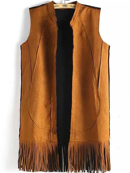Romwe Tassel Suede Khaki Vest