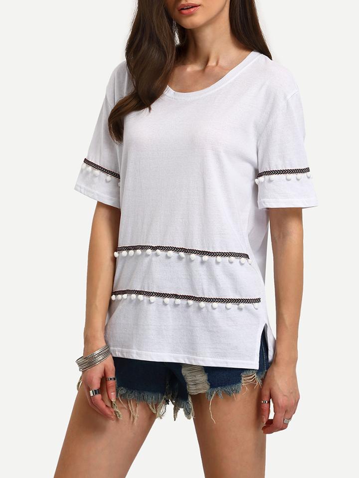 Romwe White Round Neck Decorated Pompom Split T-shirt