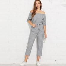 Romwe Off Shoulder Tie Waist Plaid Jumpsuit