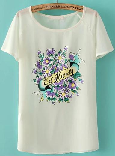 Romwe Round Neck Flower Print Chiffon Beige T-shirt