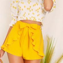 Romwe Tie Front Ruffle Trim Shorts