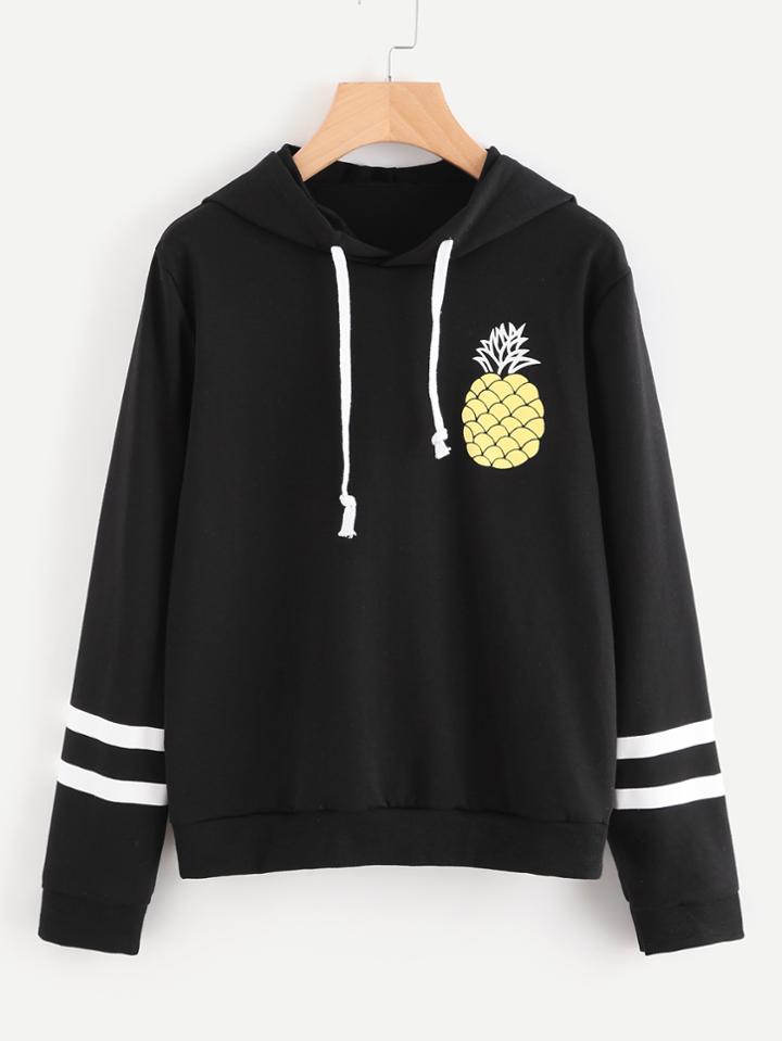 Romwe Pineapple Print Varsity Striped Hoodie