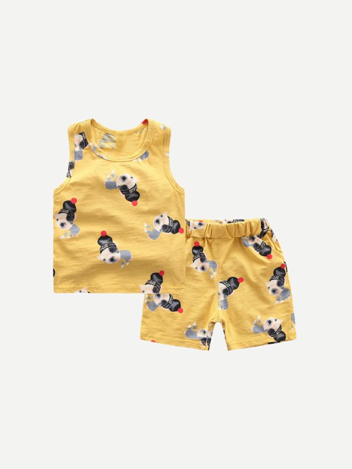 Romwe Dog Print Vest With Shorts