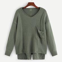 Romwe Plus Pocket Front Dip Hem Jumper