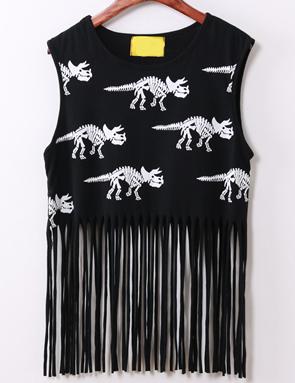 Romwe Dinosaur Print With Tassel Tank Top