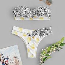 Romwe Random Pear & Line Print Top With Cut-out Bikini