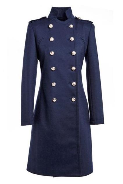 Romwe Double-breasted Epaulet Embellished Cropped Deep Blue Coat
