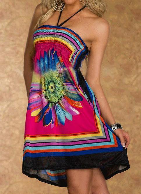 Romwe Rose Red Halter Floral Backless Loose Dress