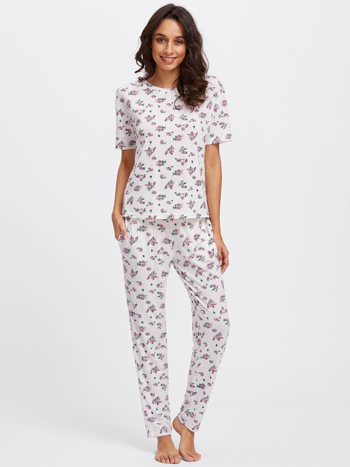 Romwe Ditsy Print Tee & Pants Pj Set
