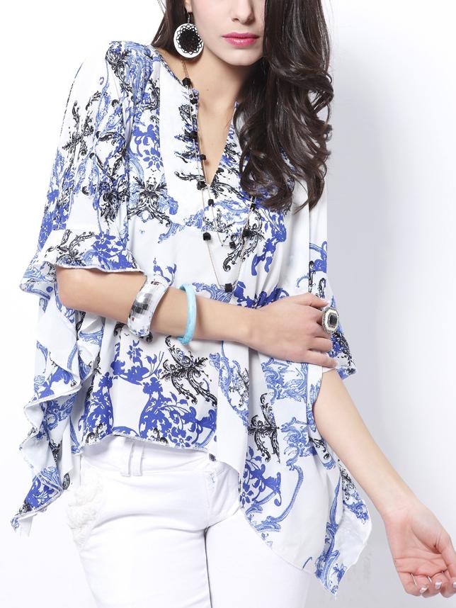Romwe V Cut Neck Printed Poncho Blouse