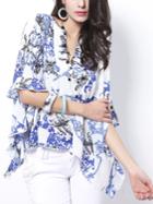Romwe V Cut Neck Printed Poncho Blouse