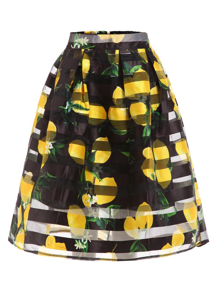 Romwe Lemon Print Box Pleated Midi Skirt