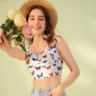Romwe Butterfly Print Ruched Sweetheart Tank Top