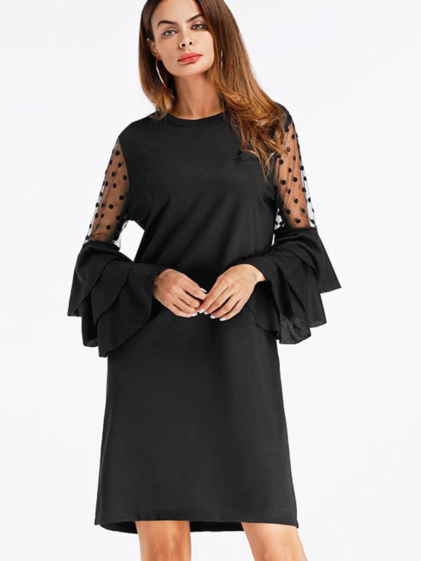 Romwe Lace Panel Tiered Fluted Sleeve Shift Dress